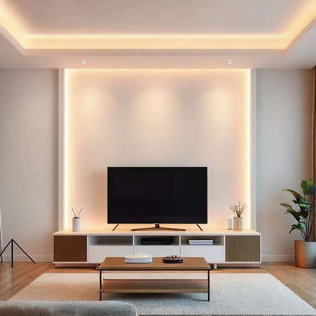 backdrop tv minimalis ruang keluarga dengan lampu ambient warna hangat nyaman backdrop tv minimalis ruang keluarga dengan lampu ambient warna hangat nyaman