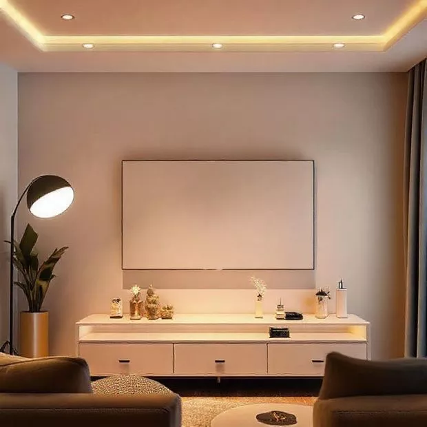 backdrop tv minimalis ruang keluarga dengan lampu sorot dan dekorasi dinding backdrop tv minimalis ruang keluarga dengan lampu sorot dan dekorasi dinding