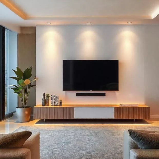 backdrop tv minimalis ruang keluarga dengan meja konsol backdrop tv minimalis ruang keluarga dengan meja konsol