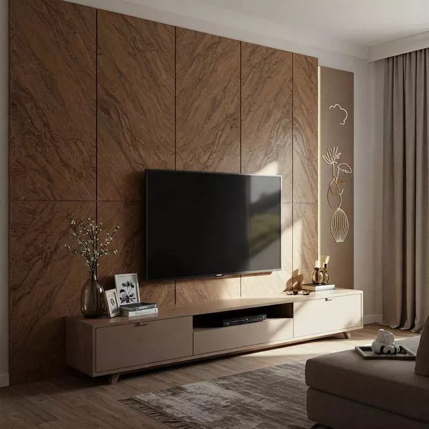 backdrop tv minimalis ruang keluarga dengan panel batu alam di ruang keluarga yang mewah backdrop tv minimalis ruang keluarga dengan panel batu alam di ruang keluarga yang mewah
