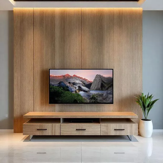 backdrop tv minimalis ruang keluarga dengan panel dinding bertekstur kayu backdrop tv minimalis ruang keluarga dengan panel dinding bertekstur kayu