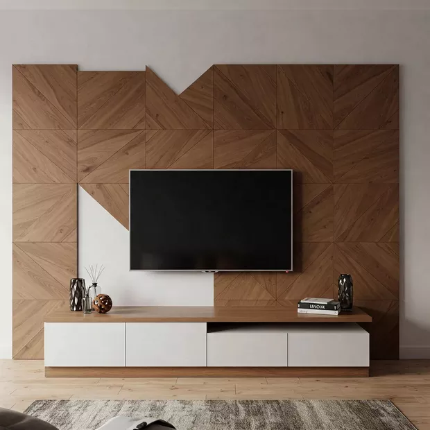 backdrop tv minimalis ruang keluarga dengan panel kayu 3D unik backdrop tv minimalis ruang keluarga dengan panel kayu 3D unik