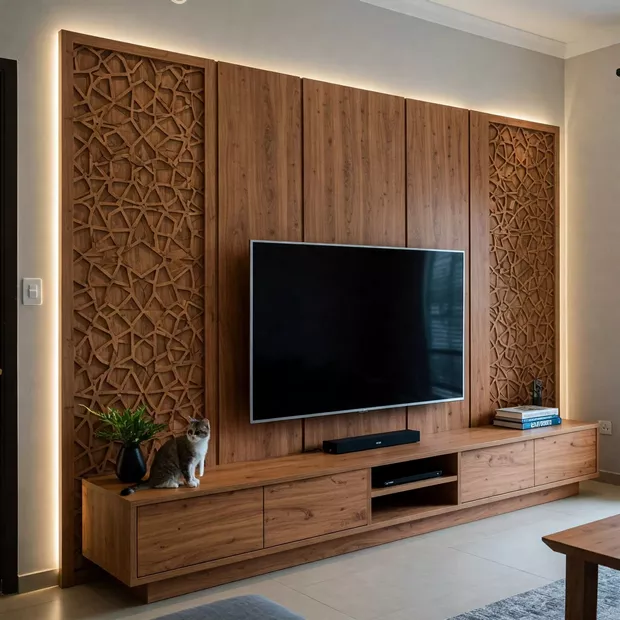 backdrop tv minimalis ruang keluarga dengan panel kayu berukir tradisional backdrop tv minimalis ruang keluarga dengan panel kayu berukir tradisional
