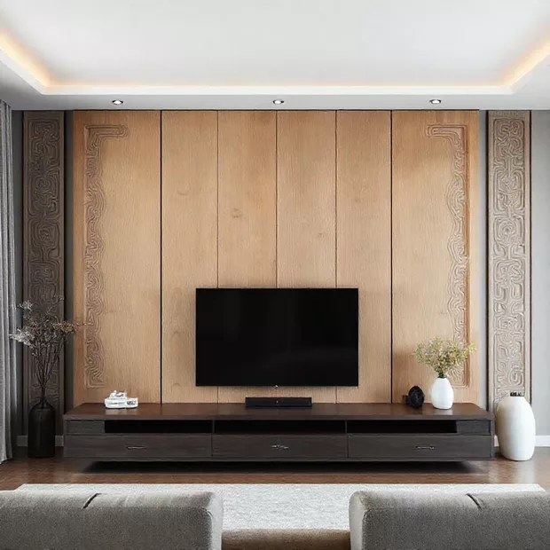 backdrop tv minimalis ruang keluarga dengan panel kayu berukir backdrop tv minimalis ruang keluarga dengan panel kayu berukir