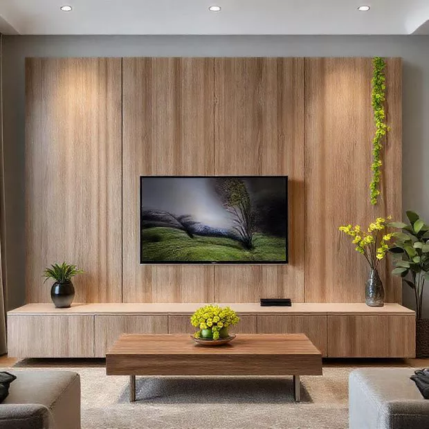 backdrop tv minimalis ruang keluarga dengan panel kayu dan dekorasi tanaman hijau backdrop tv minimalis ruang keluarga dengan panel kayu dan dekorasi tanaman hijau