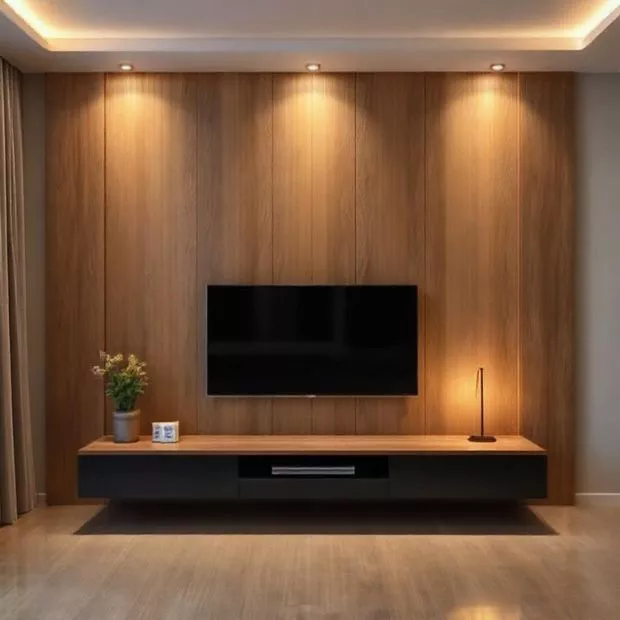 backdrop tv minimalis ruang keluarga dengan panel kayu dan lampu LED tersembunyi dramatis backdrop tv minimalis ruang keluarga dengan panel kayu dan lampu LED tersembunyi dramatis