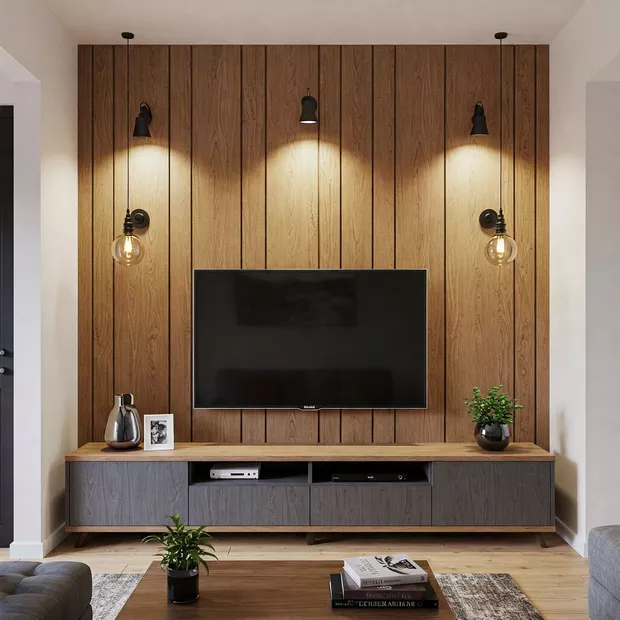 backdrop tv minimalis ruang keluarga dengan panel kayu daur ulang backdrop tv minimalis ruang keluarga dengan panel kayu daur ulang