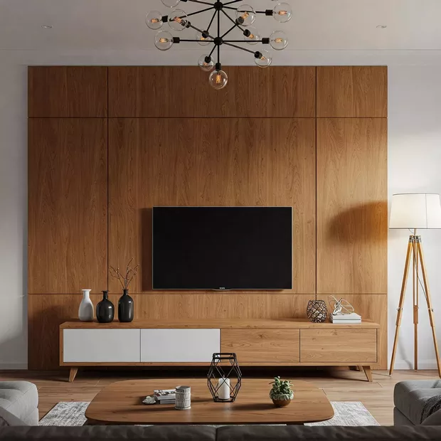 backdrop tv minimalis ruang keluarga dengan panel kayu daur ulang murah dan berseni backdrop tv minimalis ruang keluarga dengan panel kayu daur ulang murah dan berseni