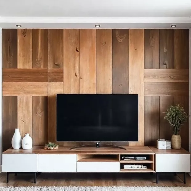 backdrop tv minimalis ruang keluarga dengan panel kayu daur ulang murah low budget backdrop tv minimalis ruang keluarga dengan panel kayu daur ulang murah low budget