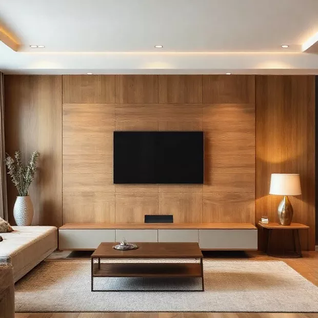 backdrop tv minimalis ruang keluarga dengan panel kayu horizontal backdrop tv minimalis ruang keluarga dengan panel kayu horizontal