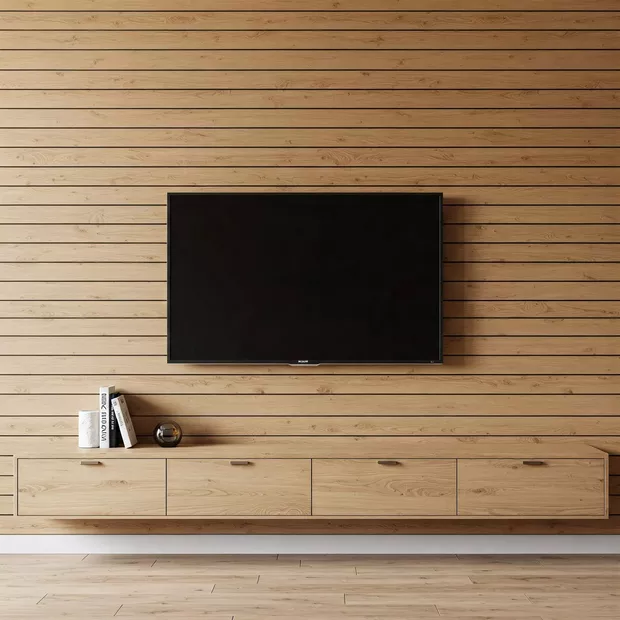 backdrop tv minimalis ruang keluarga dengan panel kayu horizontal elegan backdrop tv minimalis ruang keluarga dengan panel kayu horizontal elegan