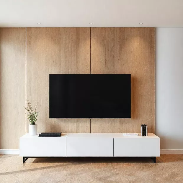 backdrop tv minimalis ruang keluarga dengan panel kayu veneer backdrop tv minimalis ruang keluarga dengan panel kayu veneer