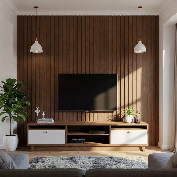 backdrop tv minimalis ruang keluarga dengan panel kayu vertikal nyaman tenang backdrop tv minimalis ruang keluarga dengan panel kayu vertikal nyaman tenang