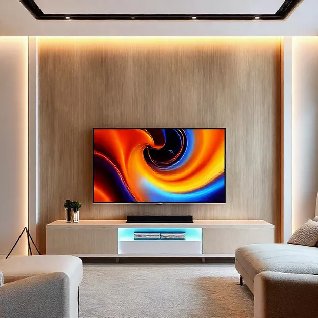 backdrop tv minimalis ruang keluarga dengan pencahayaan LED tersembunyi gaya modern backdrop tv minimalis ruang keluarga dengan pencahayaan LED tersembunyi gaya modern