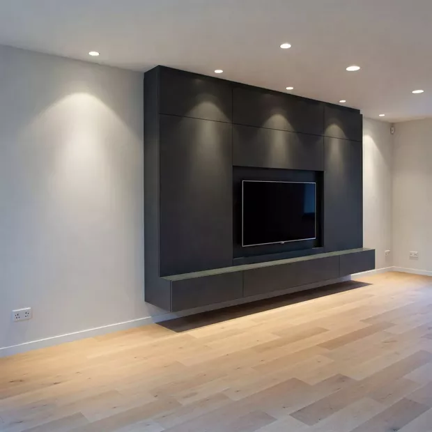 backdrop tv minimalis ruang keluarga dengan pencahayaan downlight home theater pribadi backdrop tv minimalis ruang keluarga dengan pencahayaan downlight home theater pribadi