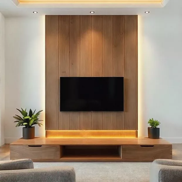 backdrop tv minimalis ruang keluarga dengan perpaduan material kayu dan logam backdrop tv minimalis ruang keluarga dengan perpaduan material kayu dan logam