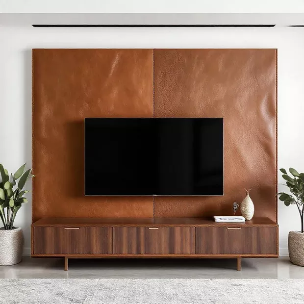 backdrop tv minimalis ruang keluarga dengan perpaduan material kulit backdrop tv minimalis ruang keluarga dengan perpaduan material kulit