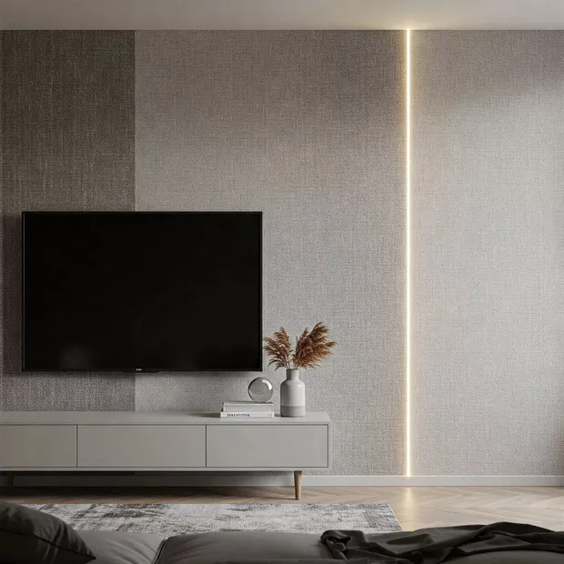 backdrop tv minimalis ruang keluarga dengan perpaduan material linen tenang backdrop tv minimalis ruang keluarga dengan perpaduan material linen tenang