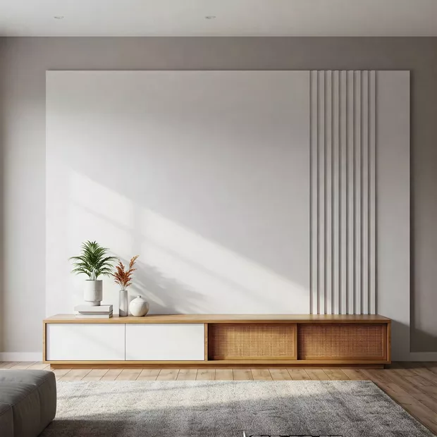 backdrop tv minimalis ruang keluarga dengan perpaduan material linen yang tenang backdrop tv minimalis ruang keluarga dengan perpaduan material linen yang tenang