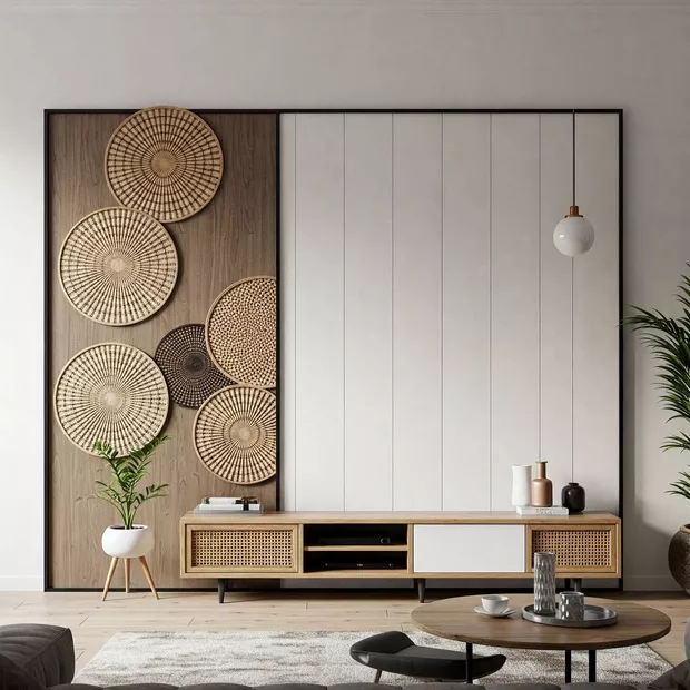 backdrop tv minimalis ruang keluarga dengan perpaduan material rotan yang artistik backdrop tv minimalis ruang keluarga dengan perpaduan material rotan yang artistik