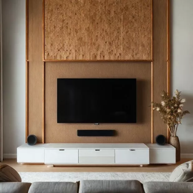 backdrop tv minimalis ruang keluarga dengan perpaduan material rotan backdrop tv minimalis ruang keluarga dengan perpaduan material rotan