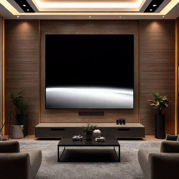 backdrop tv minimalis ruang keluarga dengan perpaduan warna monokrom dan kayu backdrop tv minimalis ruang keluarga dengan perpaduan warna monokrom dan kayu
