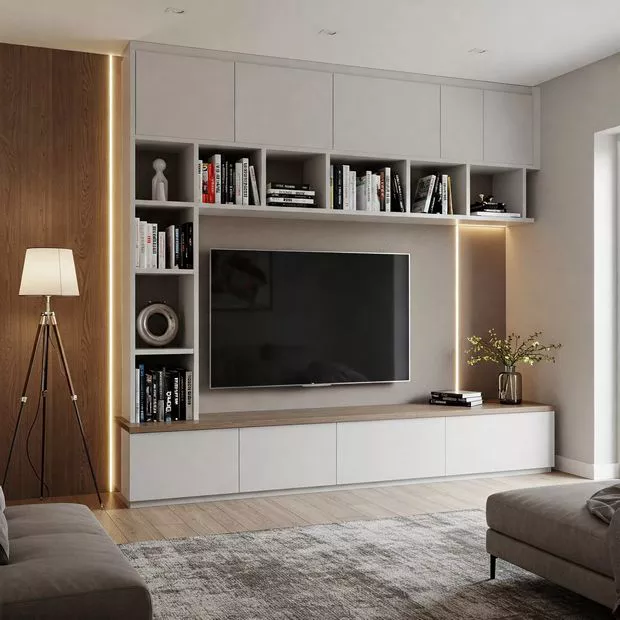 backdrop tv minimalis ruang keluarga dengan rak buku built-in di ruang keluarga backdrop tv minimalis ruang keluarga dengan rak buku built-in di ruang keluarga