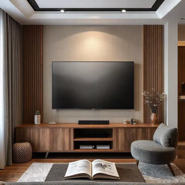 backdrop tv minimalis ruang keluarga dengan rak buku dan dekorasi seni yang berkelas backdrop tv minimalis ruang keluarga dengan rak buku dan dekorasi seni yang berkelas