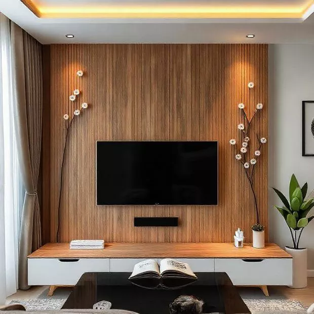 backdrop tv minimalis ruang keluarga dengan rak buku dan dekorasi seni backdrop tv minimalis ruang keluarga dengan rak buku dan dekorasi seni