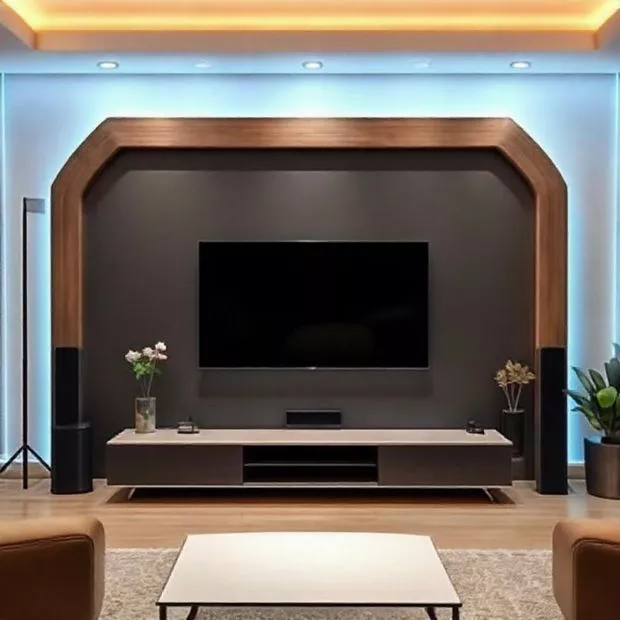 backdrop tv minimalis ruang keluarga dengan rak gantung dan tanaman hias natural backdrop tv minimalis ruang keluarga dengan rak gantung dan tanaman hias natural