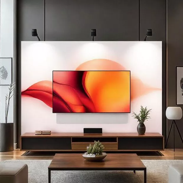 backdrop tv minimalis ruang keluarga dengan rak gantung dan tanaman hias backdrop tv minimalis ruang keluarga dengan rak gantung dan tanaman hias