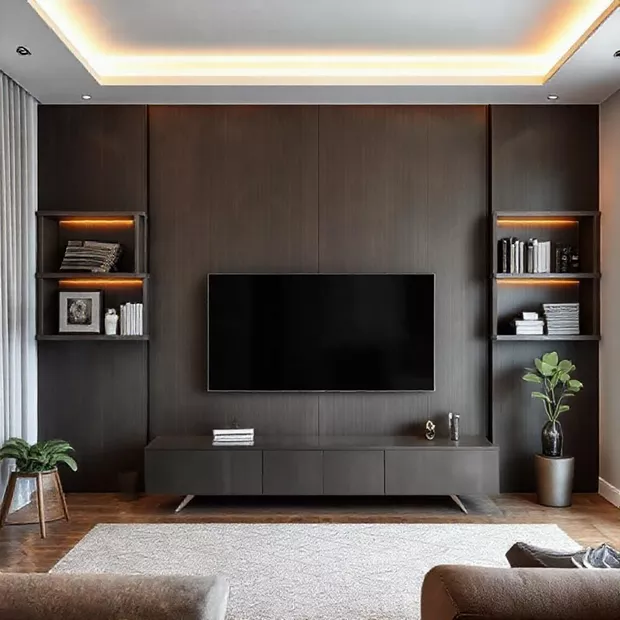 backdrop tv minimalis ruang keluarga dengan rak koleksi rapih dan bersih backdrop tv minimalis ruang keluarga dengan rak koleksi rapih dan bersih
