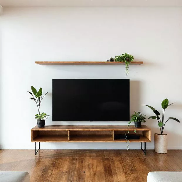backdrop tv minimalis ruang keluarga dengan rak terbuka dan tanaman hijau backdrop tv minimalis ruang keluarga dengan rak terbuka dan tanaman hijau