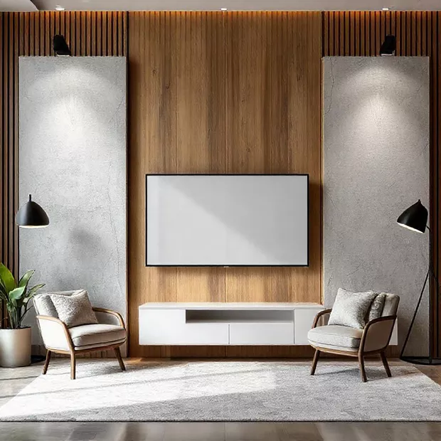 backdrop tv minimalis ruang keluarga dengan tekstur kayu dan beton yang gentle backdrop tv minimalis ruang keluarga dengan tekstur kayu dan beton yang gentle