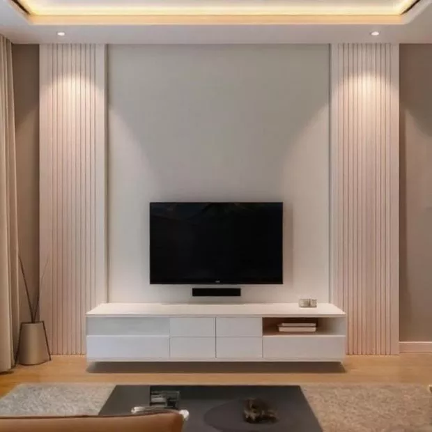 backdrop tv minimalis ruang keluarga dengan warna abu-abu dan putih elegan backdrop tv minimalis ruang keluarga dengan warna abu-abu dan putih elegan