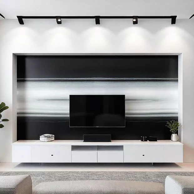 backdrop tv minimalis ruang keluarga dengan warna kontras hitam dan putih backdrop tv minimalis ruang keluarga dengan warna kontras hitam dan putih