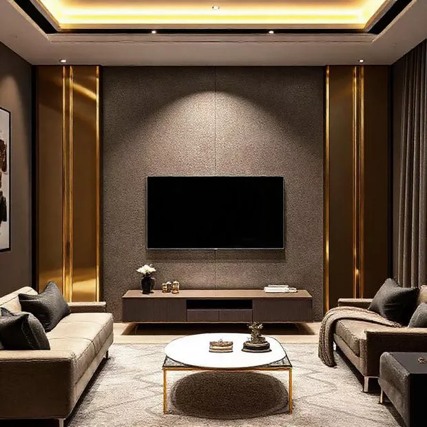 backdrop tv minimalis ruang keluarga dengan warna netral dan aksen bold emas dengan gaya Hollywood Glam backdrop tv minimalis ruang keluarga dengan warna netral dan aksen bold emas dengan gaya Hollywood Glam