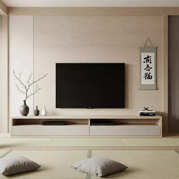 backdrop tv minimalis ruang keluarga minimalis Jepang japandi backdrop tv minimalis ruang keluarga minimalis Jepang japandi