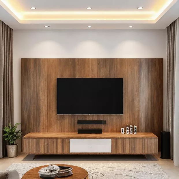 backdrop tv minimalis ruang keluarga modern dengan rak dinding kayu backdrop tv minimalis ruang keluarga modern dengan rak dinding kayu