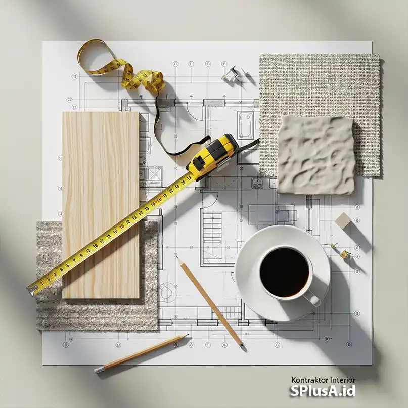 biaya desain interior per m2-flat lay yang artistik dengan mood board, sampel material (kayu, kain, keramik)-jasa interior jakarta splusa.id