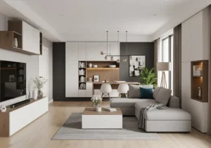 harga jasa desain interior per meter-ruang tamu open space minimalis modern-jasa interior splusa.id