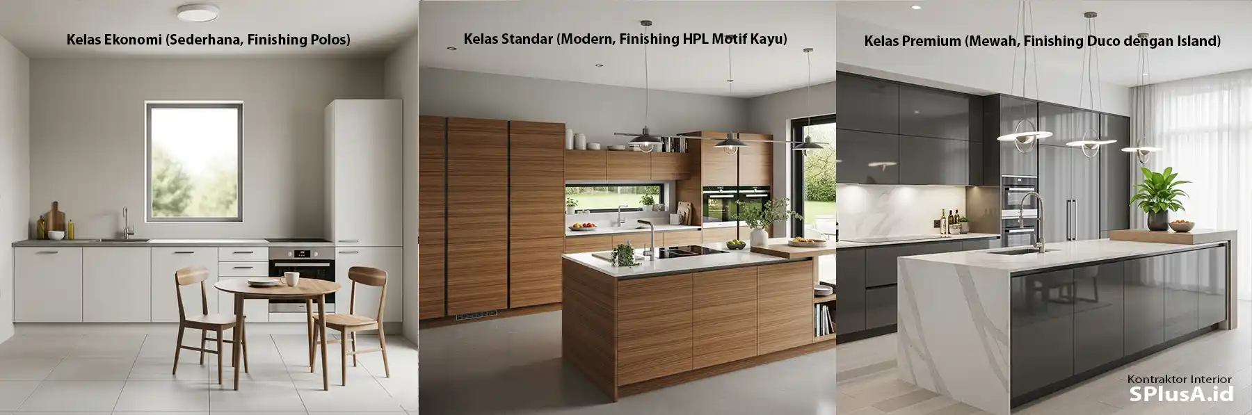 kitchen set yang merepresentasikan kelas Ekonomi (simpel, finishing polos), Standar (modern, finishing HPL motif kayu), dan Premium (mewah, finishing Duco dengan island)-jasa interior splusa.id