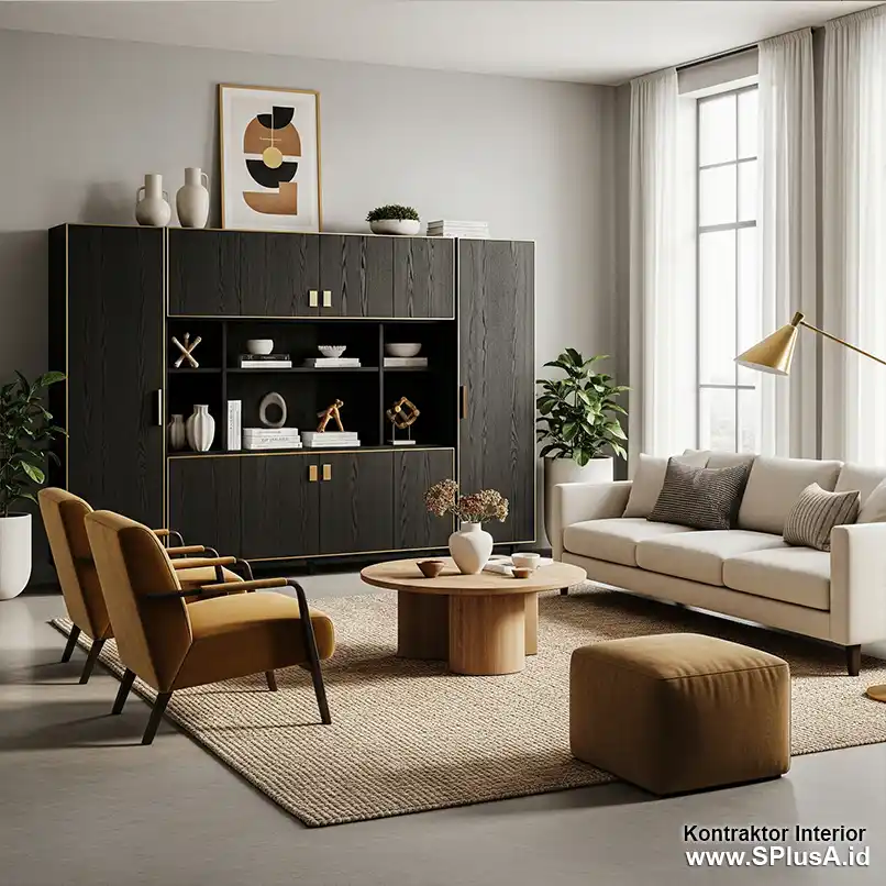 ruang keluarga yang mewah dengan lemari compact yg besar dan lainnya tema scandinavia minimalis modern art deco yang hangat -Harga Desain Interior per Meter-jasa interior splusa.id ruang keluarga yang mewah dengan lemari compact yg besar dan lainnya tema scandinavia minimalis modern art deco yang hangat -Harga Desain Interior per Meter-jasa interior splusa.id