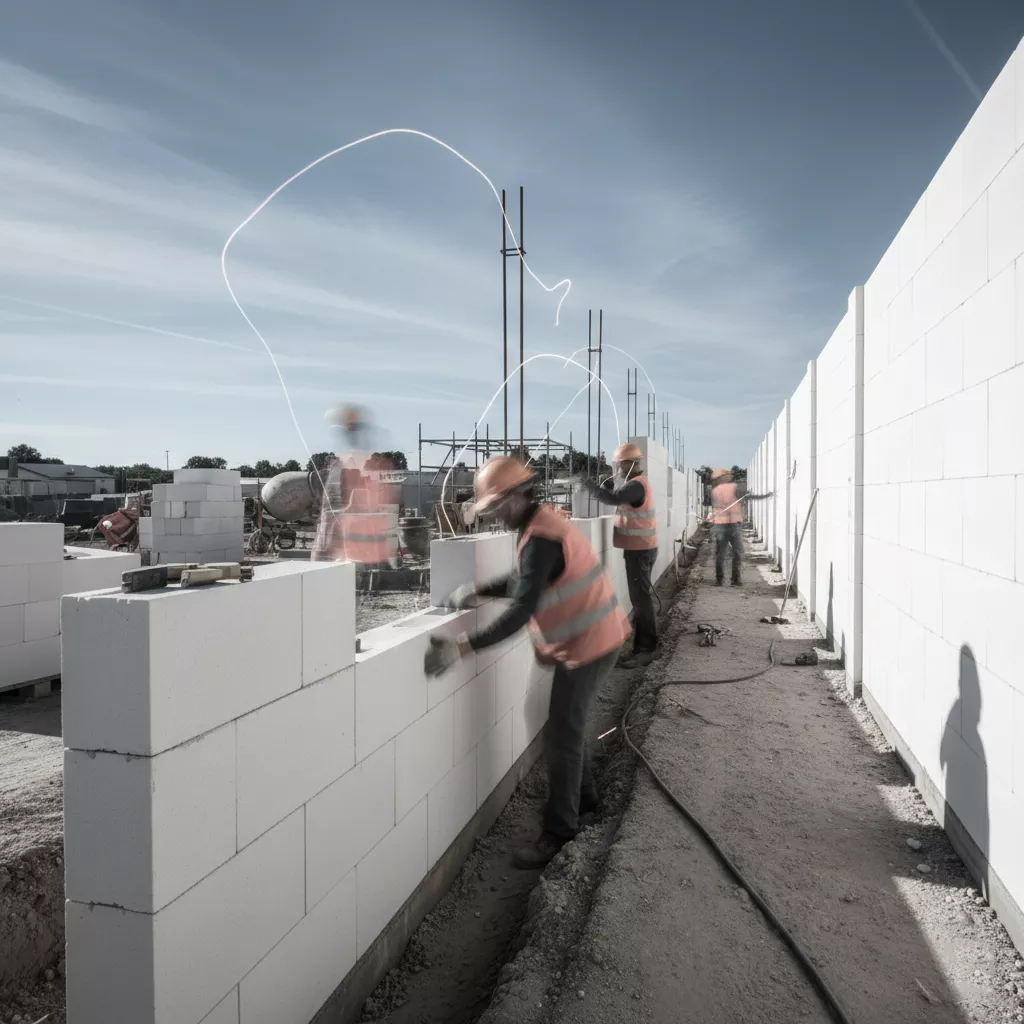 A time-lapse style image showing the construction process of a minimalist fence using hebel model tembok pagar minimalis terbaru-Jasa Interior Desain splusa.id