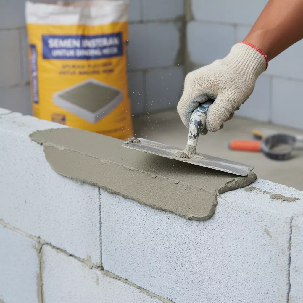 Aplikasi plesteran menggunakan semen mortar khusus pada dinding pagar minimalis dari hebel untuk mencegah retak-jasa interior splusa.id Aplikasi plesteran menggunakan semen mortar khusus pada dinding pagar minimalis dari hebel untuk mencegah retak-jasa interior splusa.id