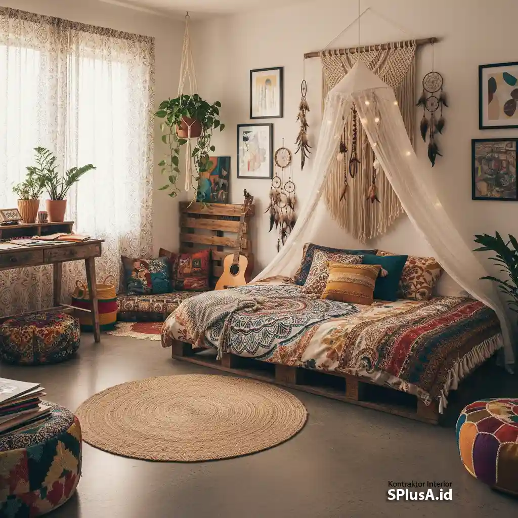 Bohemian (Boho)-Nuansa eklektik, artsy, dan berjiwa bebas. Campuran motif etnik, macrame, serta warna-warni hangat-jasa desain kamar tidur splusa.id Bohemian (Boho)-Nuansa eklektik, artsy, dan berjiwa bebas. Campuran motif etnik, macrame, serta warna-warni hangat-jasa desain kamar tidur splusa.id