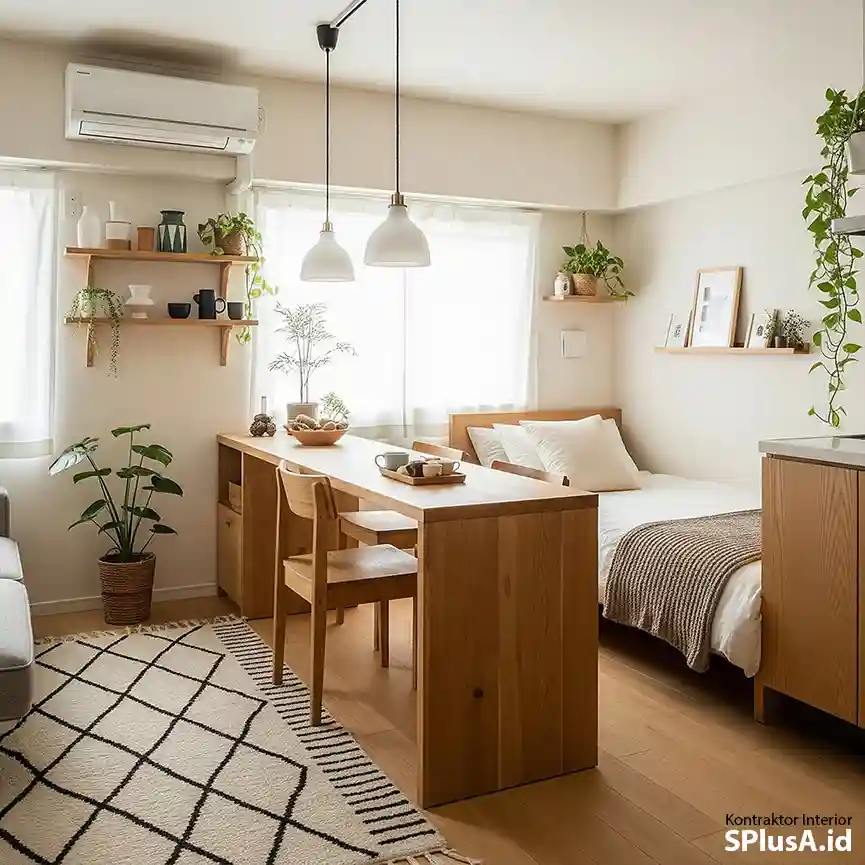 Contoh desain apartemen studio Japandi hasil jasa interior apartemen studio splusa.id yang profesional dan fungsional Contoh desain apartemen studio Japandi hasil jasa interior apartemen studio splusa.id yang profesional dan fungsional