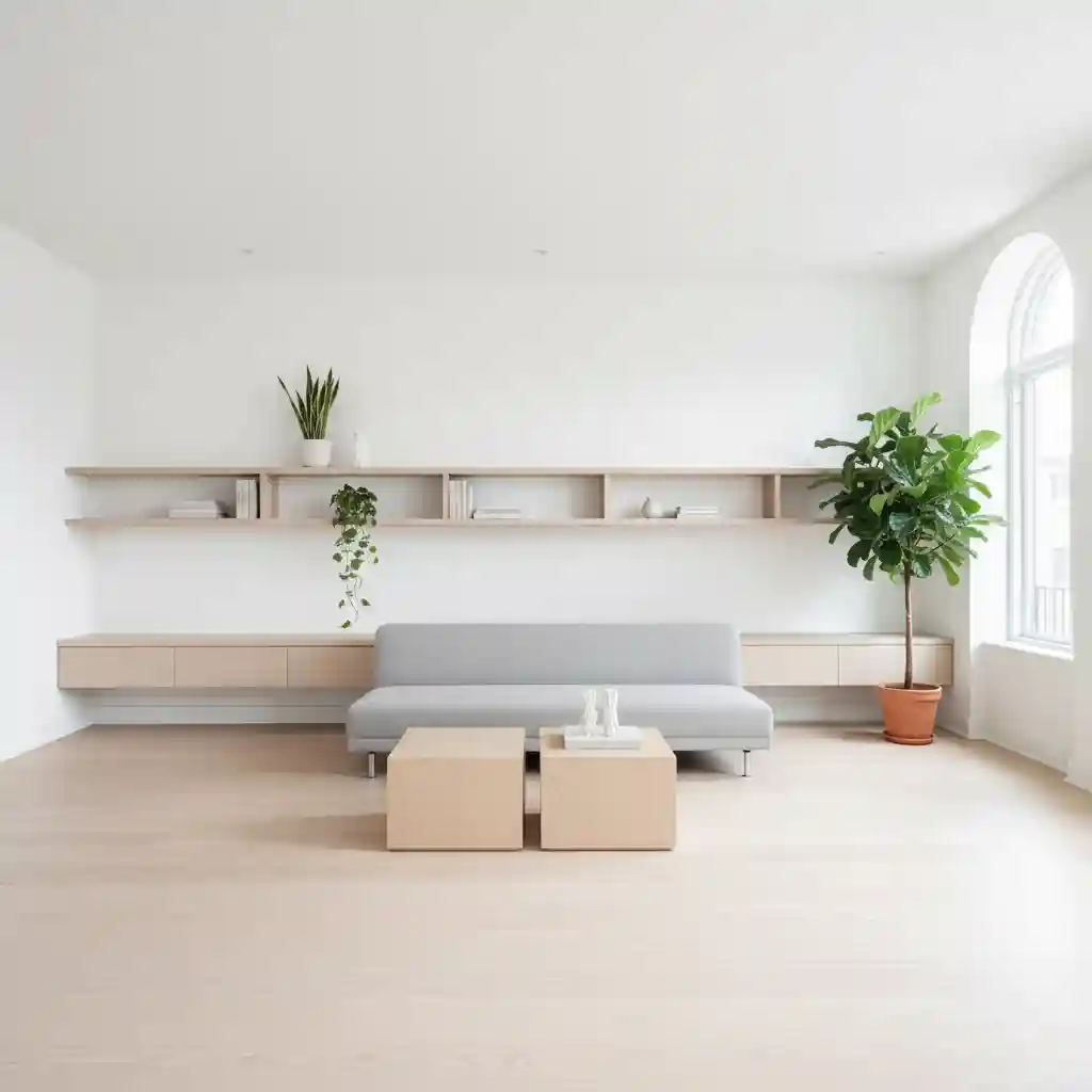 Contoh inspirasi interior apartemen gaya minimalis dengan sofa elegan putih, rak kayu, dan tanaman indoor-jasa desain interior apartemen splusa.id Contoh inspirasi interior apartemen gaya minimalis dengan sofa elegan putih, rak kayu, dan tanaman indoor-jasa desain interior apartemen splusa.id