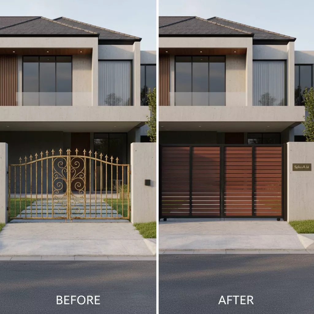 Contoh kesalahan desain pintu gerbang mewah (kiri) dan hasil desain yang proporsional dan harmonis dari SplusA.id (kanan)-jasa desain apartemen splusa.id