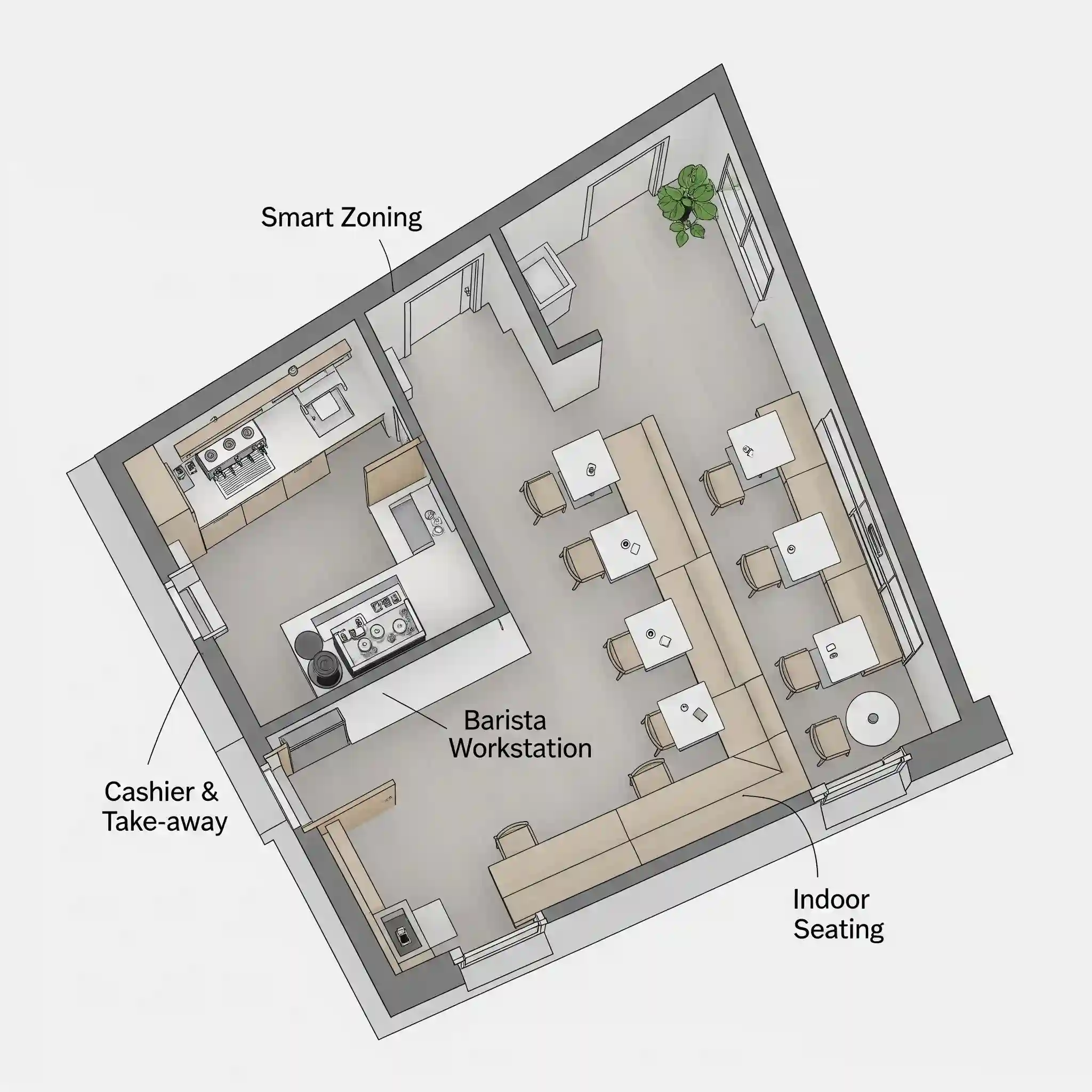 Contoh layout dan alur zonasi cerdas untuk desain cafe minimalis di ruko yang sempit-jasa interior splusa.id